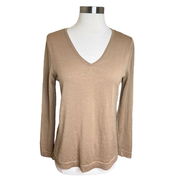 J Jill Sweater Womens Small Tan 100% Merino Wool V Neck Lightweight Quite Luxury - Picture 1 of 10